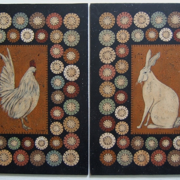 Penny Rug Rabbit and Rooster, DIY Painting Craft E-Pattern by Donna Atkins. Primitive Folk Art.