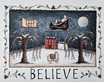 Whimsical BELIEVE Folk Art Santa and Sheep Print, Country Farmhouse Cottage decor. The Night Before Christmas...