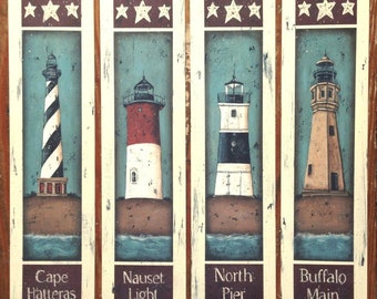 Vintage inspired LIGHTHOUSE Folk Art prints by Donna Atkins. Cape Hatteras. Nauset Light. North Pier. Buffalo Main. Nautical beach cottage.