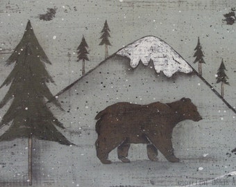 CABINS a vintage, retro style distressed look print. Bears, Loons, Mountains, Pine Trees. Cabin Lodge Rustic decor