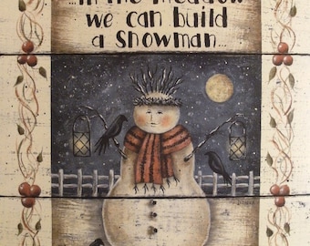 In the Meadow We Can Build a Snowman Print. Primitive Folk Art Quotation Print. Country Night. Crows, Snow, Full Moon, Berry Vine Border
