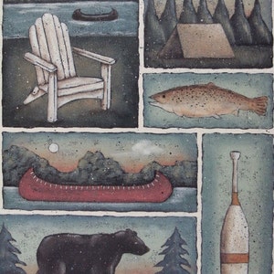 CABIN in the WOODS, Lodge Lake Sampler. A New England style Folk Art Print by Donna Atkins. Adirondack chair, bear, canoe, fish, tent, oar. image 4