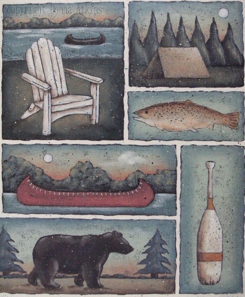 CABIN in the WOODS, Lodge Lake Sampler. A New England style Folk Art Print by Donna Atkins. Adirondack chair, bear, canoe, fish, tent, oar. image 4