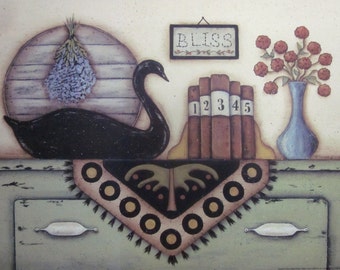 Black Swan Still Life Art Print. Bliss. Penny Rug Books Lavender Chippy Cupboard. Country cottage farmhouse primitive folk art, Donna Atkins