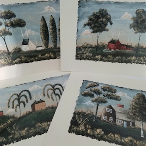 May include: Set of four watercolor paintings depicting quaint houses with chimneys, surrounded by trees and greenery. The houses are painted in shades of red, white, and brown, with blue skies and white clouds in the background.