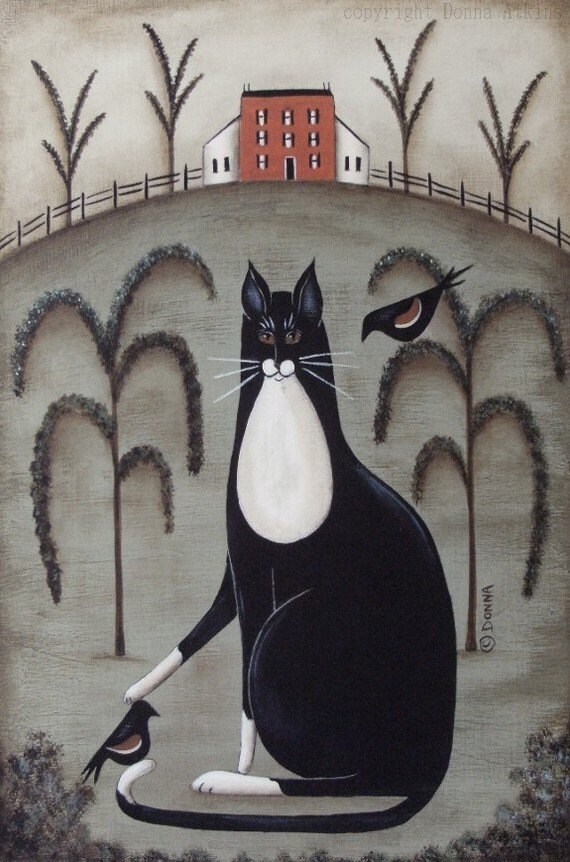 White Cat or Black Tuxedo Cat Primitive Folk Art 11x14 Prints. - Etsy