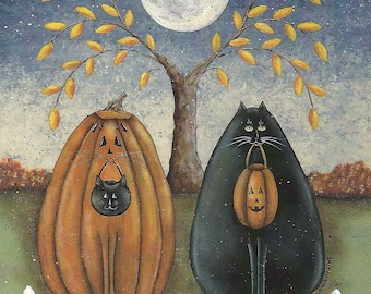 Halloween Art Print - Black Cat and Pumpkin Trick or Treat Under Full Moon