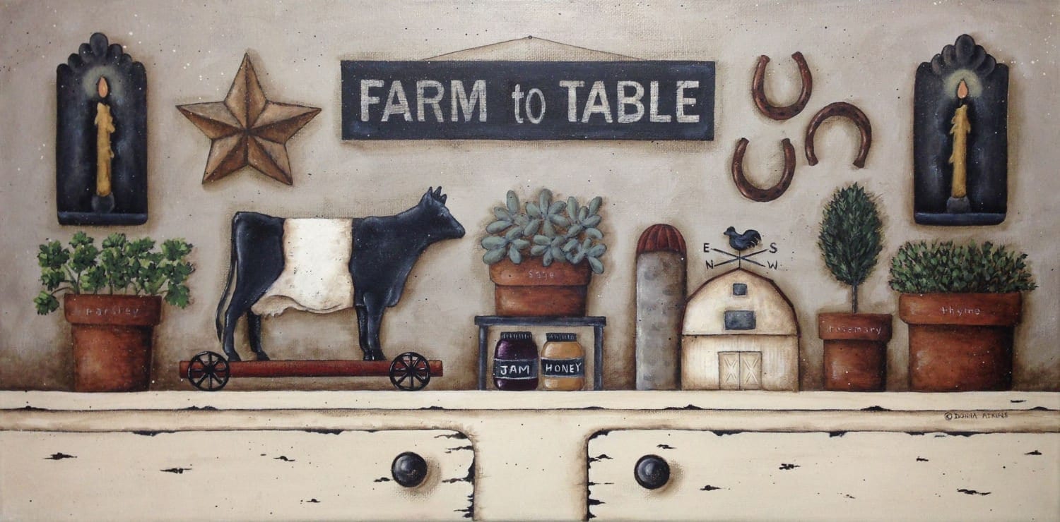 donna atkins 'farm to table' new england folk art print. rustic