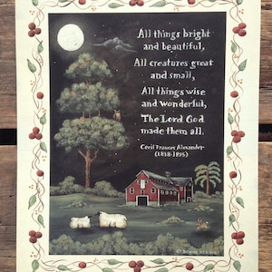 Thank God and All Things Bright & Beautiful. Spiritual Folk Art Pastoral Sheep Prints by Donna Atkins. New England style folk art. Barn Moon image 5