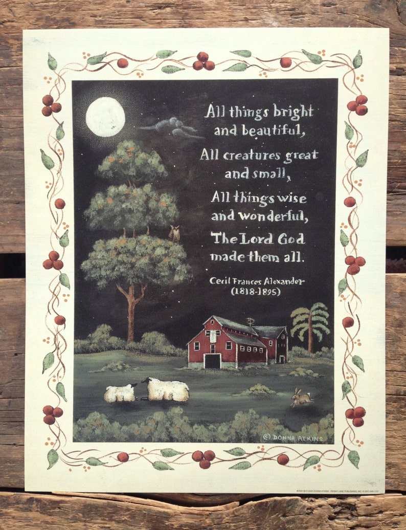 Thank God and All Things Bright & Beautiful. Spiritual Folk Art Pastoral Sheep Prints by Donna Atkins. New England style folk art. Barn Moon image 5