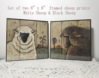 Black Sheep & White Sheep. Set of two Framed 8"x8" Art Prints. New England Style Folk Art by Donna Atkins. Rustic distressed prim art.