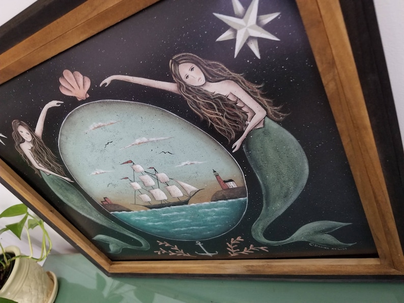 Sirens of the Sea. Mermaid Folk Art Print. Nautical Stars Ocean Clipper Ship Coastal Art Print by Donna Atkins. Beach House. Free Shipping. image 3