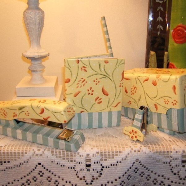 Shabby Cottage FLORAL DESK SUPPLIES E Pattern by Donna Atkins (Pencil Sharpener, Stapler, Address Book, etc.)