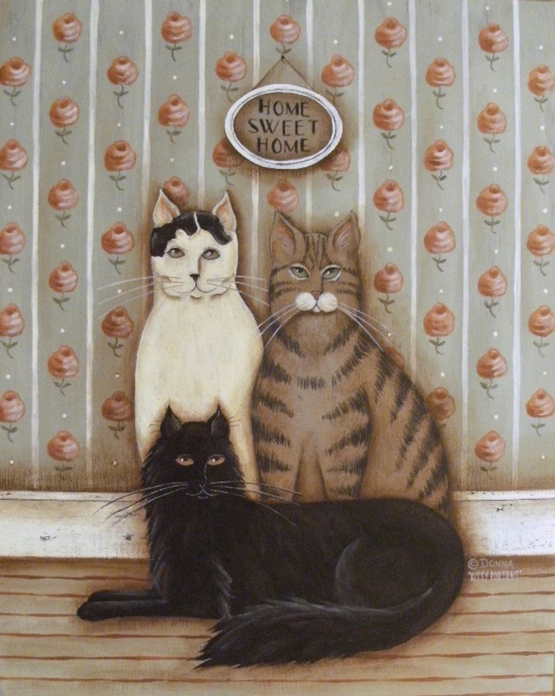 Folk Art Cats Portrait Home Sweet Home a Cottage Kitty Etsy