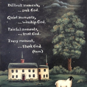 Thank God and All Things Bright & Beautiful. Spiritual Folk Art Pastoral Sheep Prints by Donna Atkins. New England style folk art. Barn Moon image 2