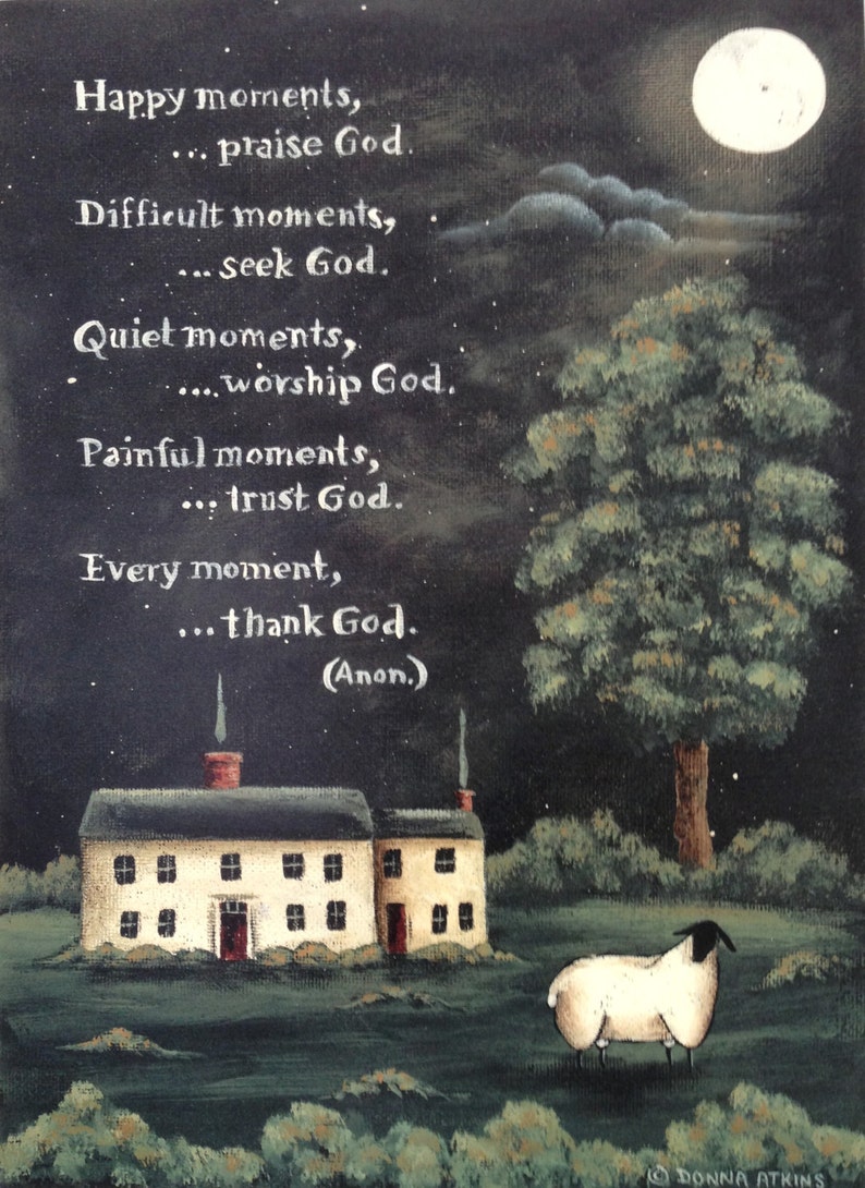 Thank God and All Things Bright & Beautiful. Spiritual Folk Art Pastoral Sheep Prints by Donna Atkins. New England style folk art. Barn Moon image 2
