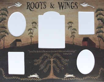 Prim ROOTS & WINGS Photomat, 5 openings. Primitive Country Folk Art. Family Children Quotation 12x16 Photo Mat Print by Donna Atkins
