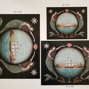 Sirens of the Sea. Mermaid Folk Art Print. Nautical Stars Ocean Clipper Ship Coastal Art Print by Donna Atkins. Beach House. Free Shipping. image 9