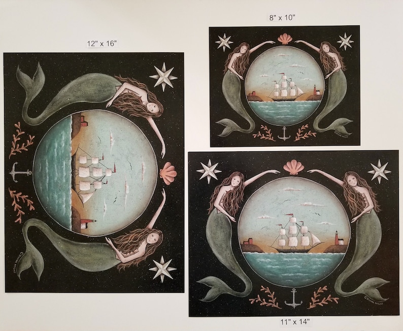 Sirens of the Sea. Mermaid Folk Art Print. Nautical Stars Ocean Clipper Ship Coastal Art Print by Donna Atkins. Beach House. Free Shipping. image 9