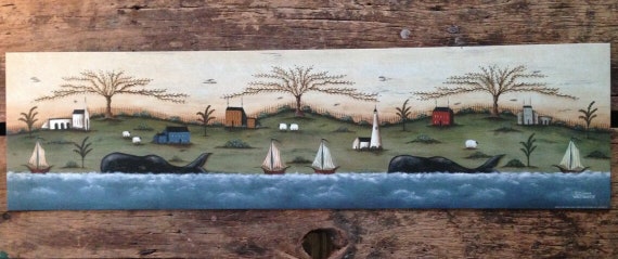 Whales' Regatta, an 8x30 New England Style Nautical, Pastoral, Ocean  Landscape Print by Donna Atkins. Primitive Folk Art. 