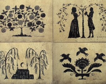 Primitive Folk Art Silhouette Print Prints, 5"x7" - choose Tree of life, Romance,  Serenity, Saltbox, or any combination.