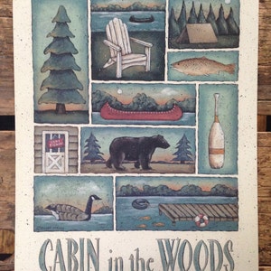 CABIN in the WOODS, Lodge Lake Sampler. A New England style Folk Art Print by Donna Atkins. Adirondack chair, bear, canoe, fish, tent, oar. image 3