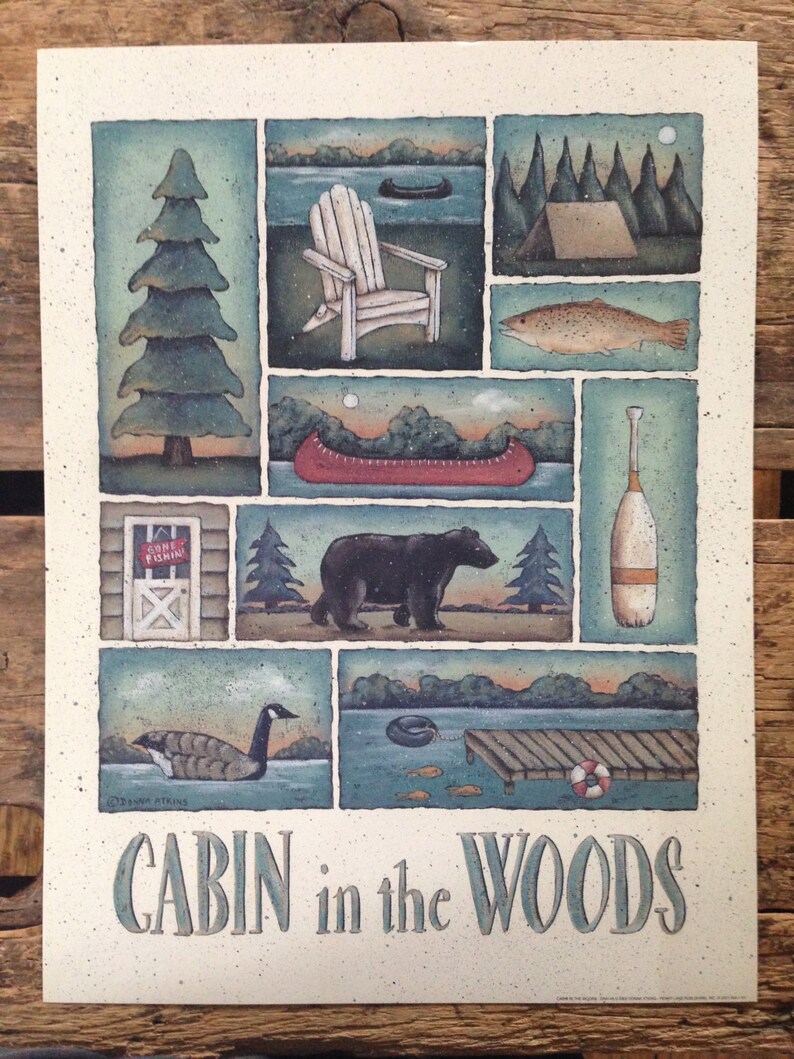 CABIN in the WOODS, Lodge Lake Sampler. A New England style Folk Art Print by Donna Atkins. Adirondack chair, bear, canoe, fish, tent, oar. image 3