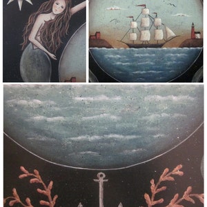Sirens of the Sea. Mermaid Folk Art Print. Nautical Stars Ocean Clipper Ship Coastal Art Print by Donna Atkins. Beach House. Free Shipping. image 8