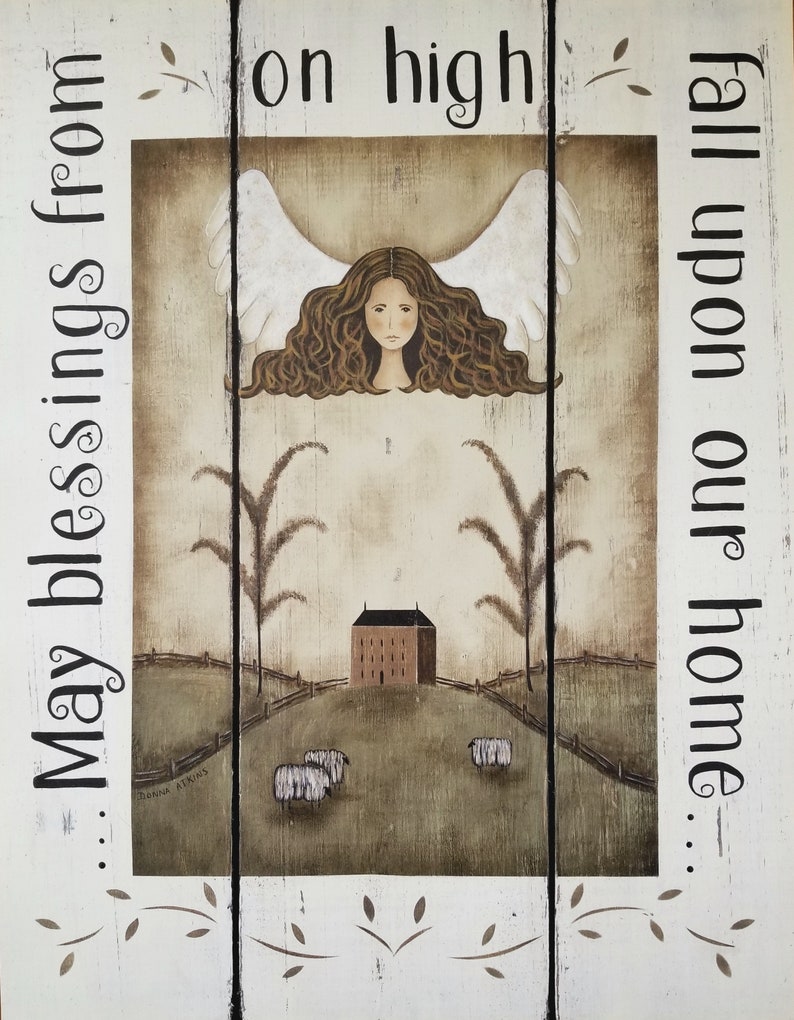 Blessings. May blessings from on high fall upon our home Art Print. Folk Art Primitive Farmhouse Country. Donna Atkins, New England Artist. image 1