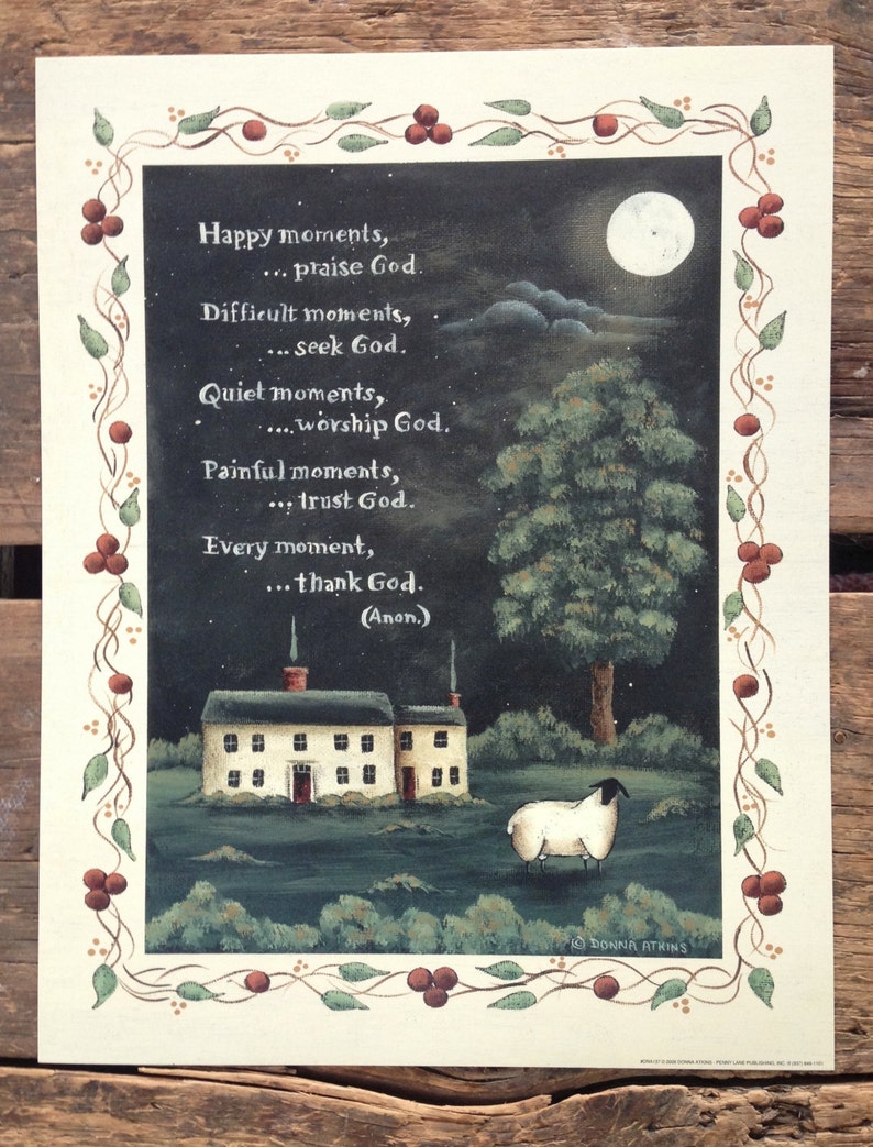 Thank God and All Things Bright & Beautiful. Spiritual Folk Art Pastoral Sheep Prints by Donna Atkins. New England style folk art. Barn Moon image 4