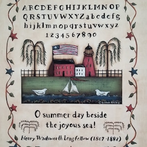 May include: A whimsical folk art painting featuring a red and white lighthouse, a sailboat, and a quote by Henry Wadsworth Longfellow: "O summer day beside the joyous sea!" The painting is framed by a vine with green leaves and red and blue stars.