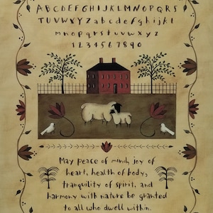 Peace of Mind. A New England Style Sampler. Alphabet, quotation, Sheep, Doves, Colonial Home, Flower border. Primitive Folk Art.