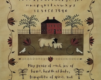 Peace of Mind. A New England Style Sampler. Alphabet, quotation, Sheep, Doves, Colonial Home, Flower border. Primitive Folk Art.