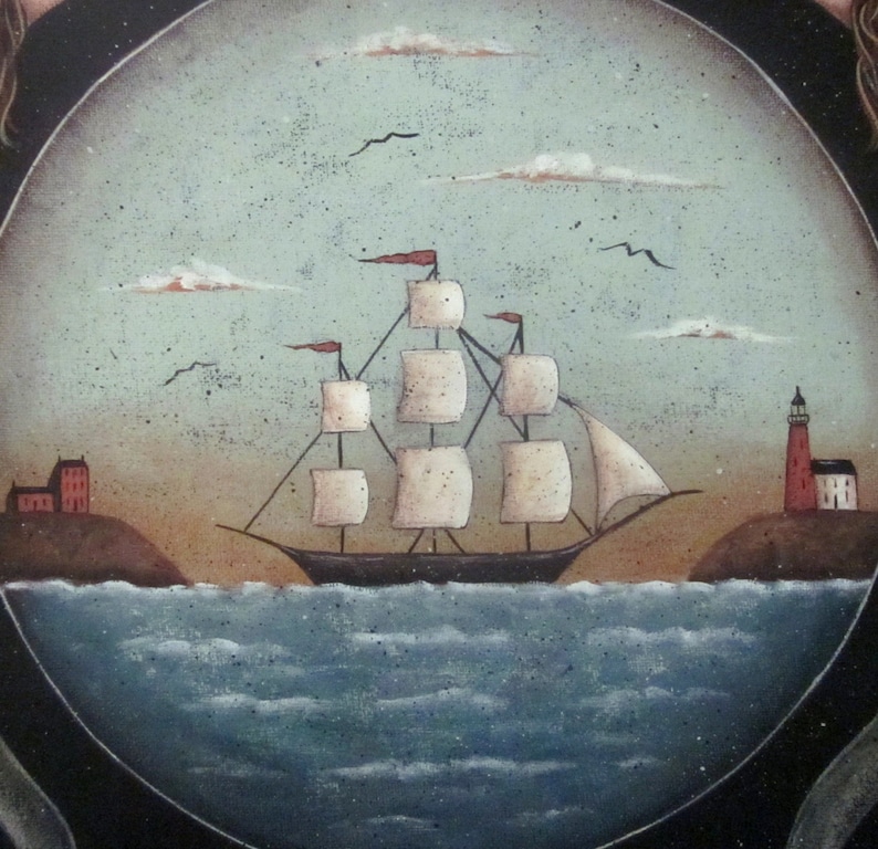 Sirens of the Sea. Mermaid Folk Art Print. Nautical Stars Ocean Clipper Ship Coastal Art Print by Donna Atkins. Beach House. Free Shipping. image 4