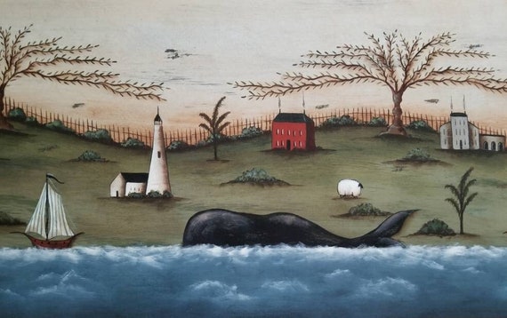 Whales' Regatta, an 8x30 New England Style Nautical, Pastoral, Ocean  Landscape Print by Donna Atkins. Primitive Folk Art. -  Denmark