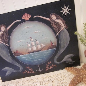 Sirens of the Sea. Mermaid Folk Art Print. Nautical Stars Ocean Clipper Ship Coastal Art Print by Donna Atkins. Beach House. Free Shipping. image 5