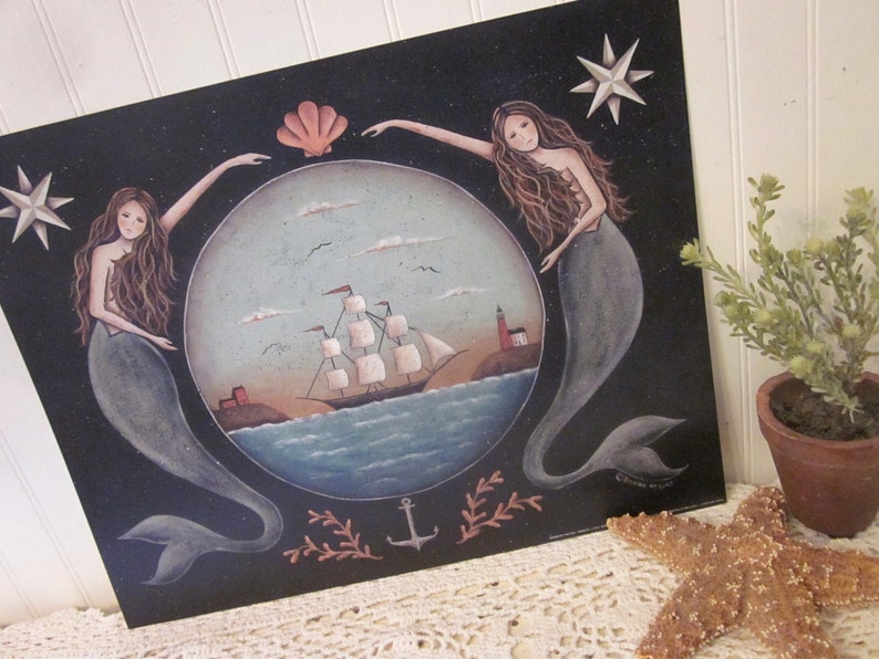 Sirens of the Sea. Mermaid Folk Art Print. Nautical Stars Ocean Clipper Ship Coastal Art Print by Donna Atkins. Beach House. Free Shipping. image 5