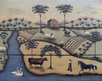 Pastoral Landscape Folk Art Print, The Gentleman Farmer by Donna Atkins