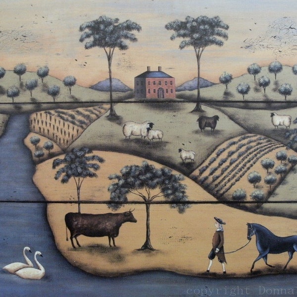 Pastoral Landscape Folk Art Print, The Gentleman Farmer by Donna Atkins