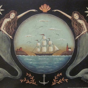 Sirens of the Sea. Mermaid Folk Art Print. Nautical Stars Ocean Clipper Ship Coastal Art Print by Donna Atkins. Beach House. Free Shipping.