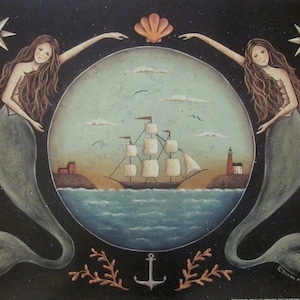 Mermaid Folk Art Print by folkartbydonna. Sirens of the Sea. Nautical Stars Ocean Clipper Ship Coastal Beach House Art. Free shipping.