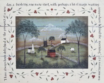 A New Day. Country folk art. Pastoral landscape print featuring a J.B. Priestley quote. Village, church, sheep. New England style. FREE Ship