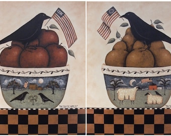 Patriotic Crows. Bowl of Apples and Pears. Pastoral landscape bowls, sheep, American flag. Primitive Americana folk art by Donna Atkins