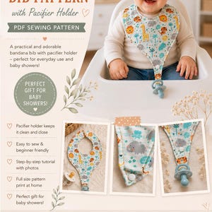 Puede incluir: Un patrón de costura PDF digital para un babero tipo bandana con portachupete. El diseño presenta una tela azul claro con un estampado colorido de animales de la selva, incluyendo leones, elefantes y jirafas. El documento incluye texto, fotos e instrucciones para imprimir en casa.