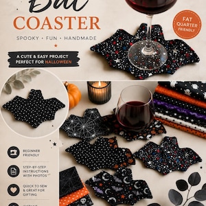 Könnte beinhalten: Ein DIY-Schnittmuster für Untersetzer in Fledermausform. Das Bild zeigt mehrere Stoffuntersetzer mit Halloween-Motiven wie Spinnennetzen, Sternen und Kürbissen. Der Text umfasst DIY SEWING PATTERN BAT COASTER und FAT QUARTER FRIENDLY.