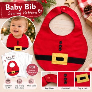 May include: A red baby bib sewing pattern featuring a Santa Claus design with a black belt, yellow buckle, and three black buttons. The set includes a PDF document with instructions, a photo guide, and printable templates for US Letter and A4 paper.