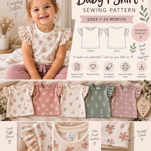 May include: A digital sewing pattern for a baby t-shirt with ruffle sleeves, featuring text including Baby T-Shirt Sewing Pattern, Sizes 1-24 Months, and FE.LY Handmade. The design includes illustrations of the front and back of the shirt.