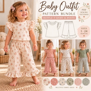 Puede incluir: Un conjunto de patrones de ropa para bebé que incluye una camiseta con volantes y pantalones con estampado floral. El documento digital contiene dibujos técnicos, tallas de 1 a 24 meses y varias muestras de telas estampadas.