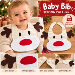 Puede incluir: Un patrón de costura digital para un babero de bebé con diseño de reno, que incluye astas de fieltro marrón oscuro, ojos negros y una nariz roja brillante sobre una base de tela color crema. El babero tiene un cierre de broche blanco.