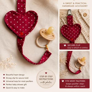 Può includere: Un cartamodello per un porta ciuccio a forma di cuore. Il design presenta un tessuto rosso scuro a pois bianchi, una clip in metallo e un bottone a pressione rosso. Il documento digitale include istruzioni passo dopo passo con foto per un progetto adatto ai principianti, compatibile con i formati carta A4 e US Letter per la stampa domestica.